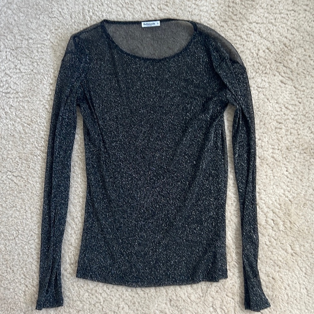 Long Sleeve Sheer Black Glitter Top - S